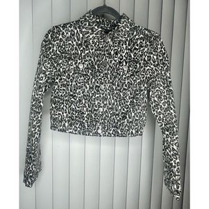 Blue Spice Leopard Print Cropped Jean Jacket